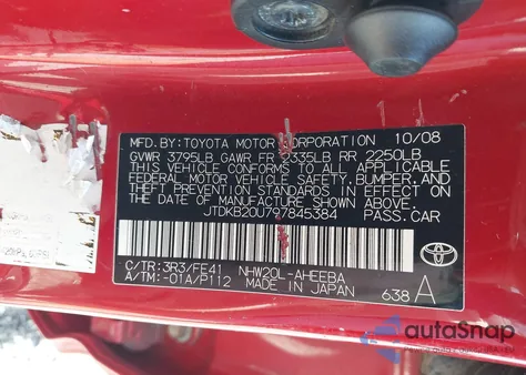 2009 Toyota Prius z USA, uszkodzony, nr VIN JTDKB20U797845384